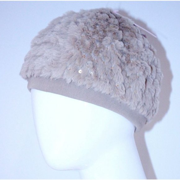 BETSEY JOHNSON KIDS GIRLS BEIGE SEQUIN FAUX FUR WINTER HAT BERET XS (2-4)